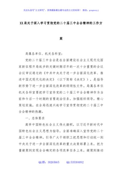 XX局关于深入学习贯彻党的二十届三中全会精神的工作方案