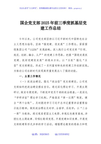 国企党支部2025年前三季度抓基层党建工作总结