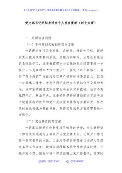 党支部书记组织生活会个人发言提纲（四个方面）