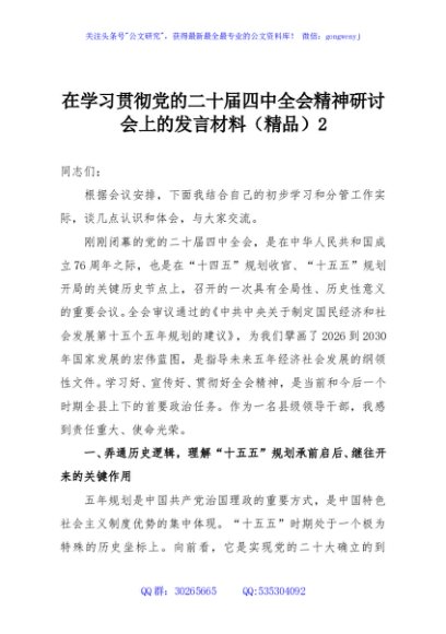 在学习贯彻党的二十届四中全会精神研讨会上的发言材料（精品）2