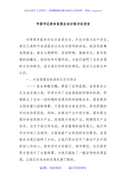 市委书记参加省委全会分组讨论发言
