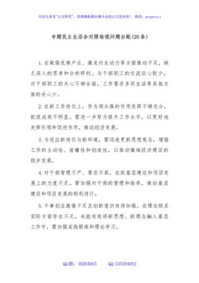 (20条)专题民主生活会对照检视问题台账