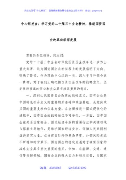 中心组发言：学习党的二十届三中全会精神，推动国资国企改革向纵深发展