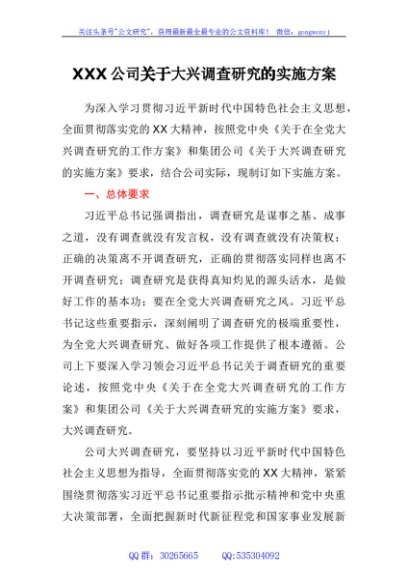 公司关于大兴调查研究的实施方案