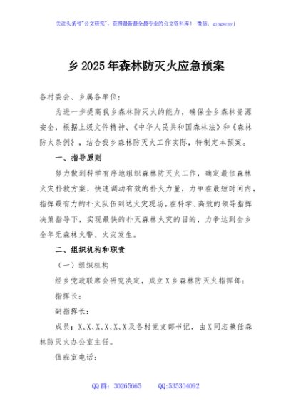乡2025年森林防灭火应急预案