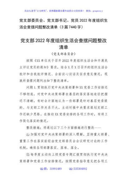 支部班子、书记、党员2022年度组织生活会查摆问题清单（含整改措施）
