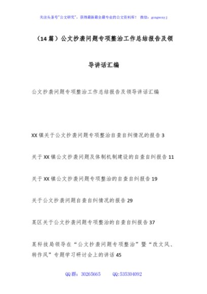 （14篇）公文抄袭问题专项整治工作总结报告及领导讲话汇编