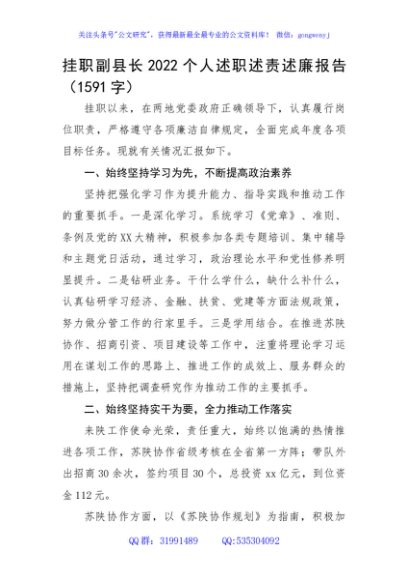 挂职副县长2022个人述职述责述廉报告