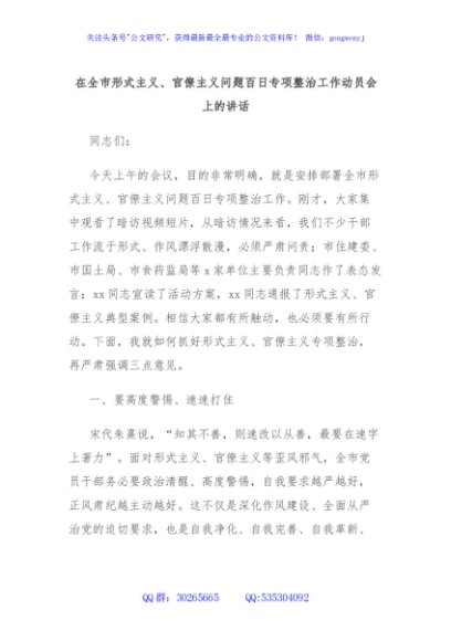 在全市形式主义、官僚主义问题百日专项整治工作动员会上的讲话