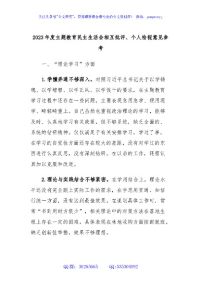 2023年度主题教育民主生活会相互批评、个人检视意见参考