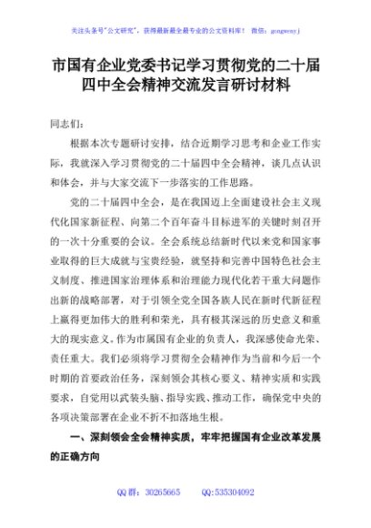 市国有企业党委书记学习贯彻党的二十届四中全会精神交流发言研讨材料