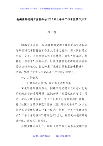县委基层党建工作指导站2025年上半年工作情况及下步工作计划
