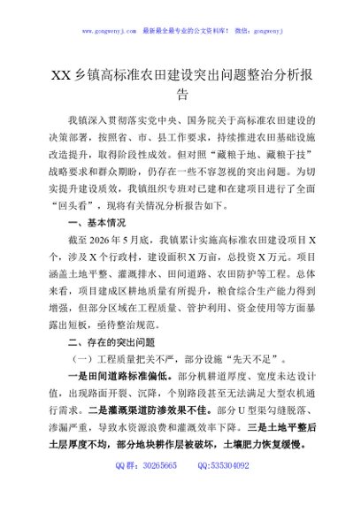 XX乡镇高标准农田建设突出问题整治分析报告