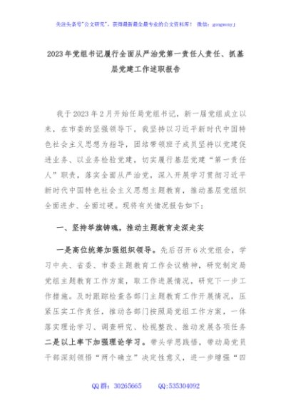 2023年党组书记履行全面从严治党第一责任人责任、抓基层党建工作述职报告