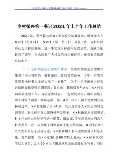 乡村振兴第一书记2021年上半年工作总结