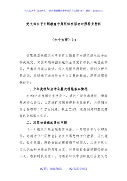 党支部班子主题教育专题组织生活会对照检查材料（六个方面）