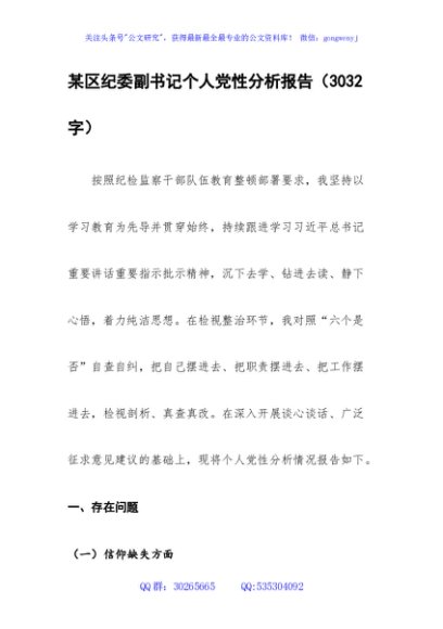 某区纪委副书记个人党性分析报告