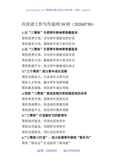 共青团工作写作提纲30例（20260730）