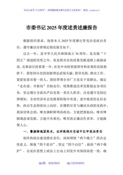 市委书记2025年度述责述廉报告