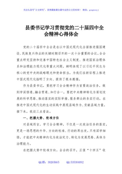 县委书记学习贯彻党的二十届四中全会精神心得体会