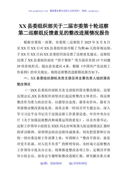 XX县委组织部关于二届市委第十轮巡察第二巡察组反馈意见的整改进展情况报告