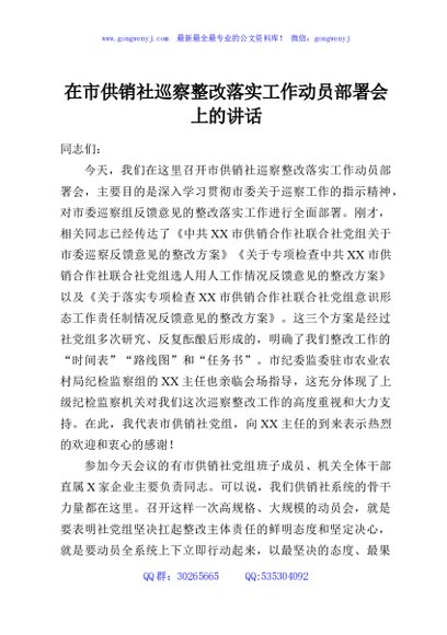 在市供销社巡察整改落实工作动员部署会上的讲话