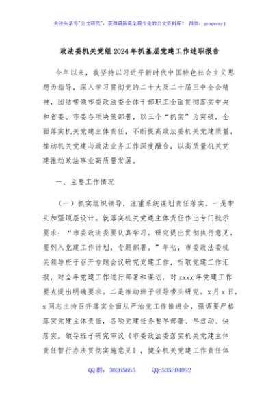 政法委机关党组2024年抓基层党建工作述职报告
