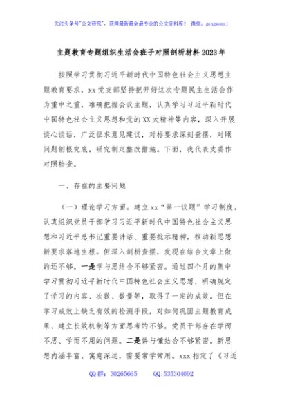 主题教育专题组织生活会班子对照剖析材料2023年