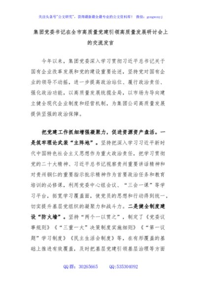 集团党委书记在全市高质量党建引领高质量发展研讨会上的交流发言