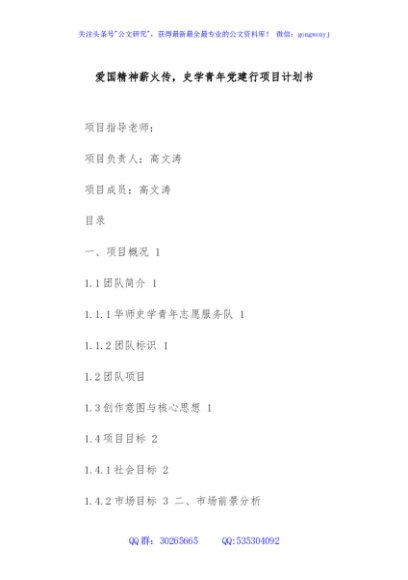 爱国精神薪火传，史学青年党建行项目计划书