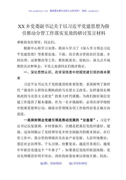 XX乡党委副书记关于以习近平党建思想为指引推动分管工作落实见效的研讨发言材料
