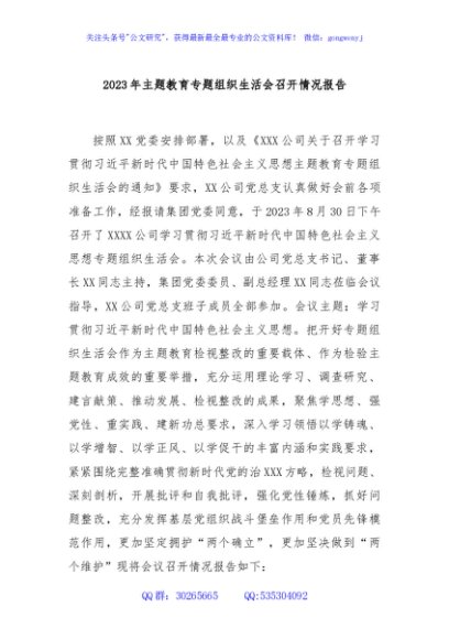 2023年主题教育专题组织生活会召开情况报告