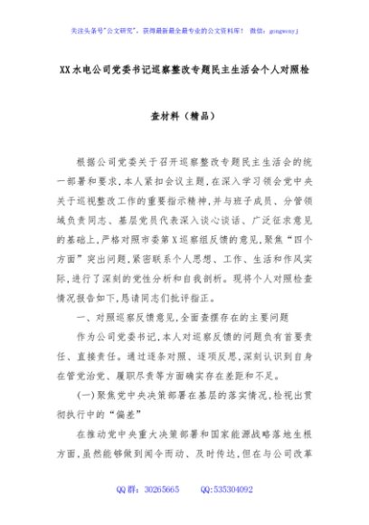 XX水电公司党委书记巡察整改专题民主生活会个人对照检查材料（精品）
