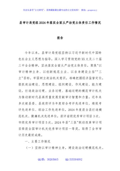 县审计局党组2024年落实全面从严治党主体责任工作情况报告