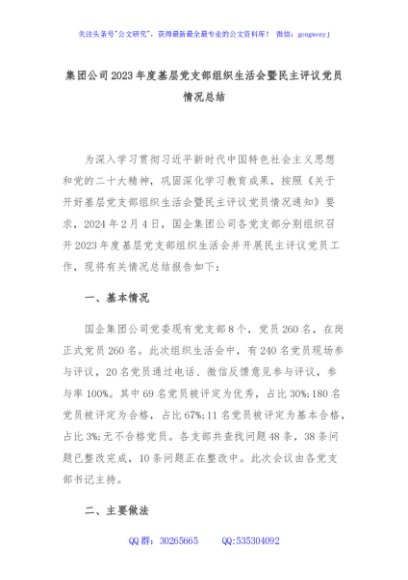 集团公司2023年度基层党支部组织生活会暨民主评议党员情况总结