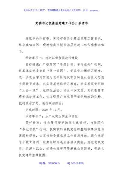 党委书记抓基层党建工作公开承诺书
