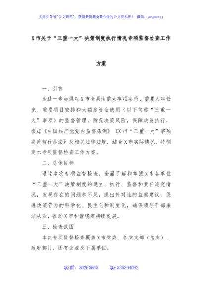 X市关于“三重一大”决策制度执行情况专项监督检查工作方案