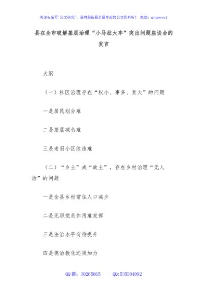 县在全市破解基层治理“小马拉大车”突出问题座谈会的发言