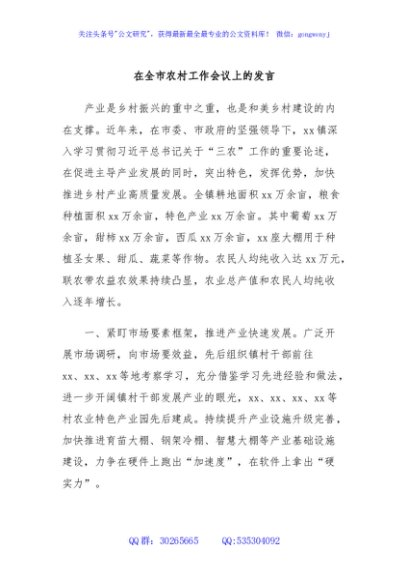 在全市农村工作会议上的发言