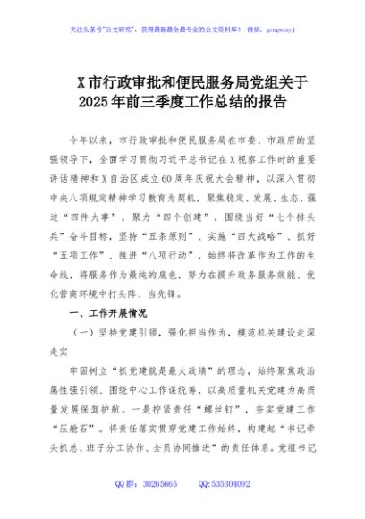 X市行政审批和便民服务局党组关于2025年前三季度工作总结的报告