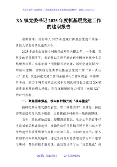 XX镇党委书记2025年度抓基层党建工作的述职报告