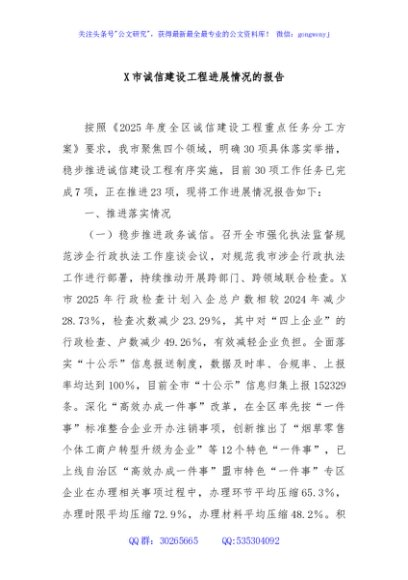 X市诚信建设工程进展情况的报告