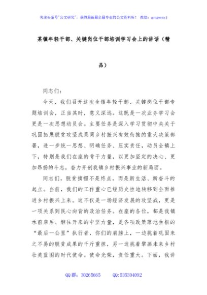 某镇年轻干部、关键岗位干部培训学习会上的讲话（精品）