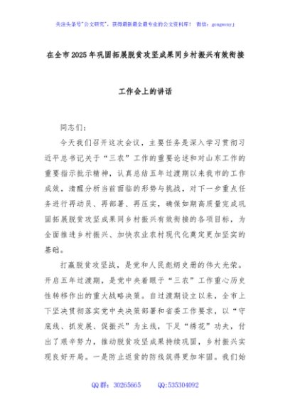 在全市2025年巩固拓展脱贫攻坚成果同乡村振兴有效衔接工作会上的讲话