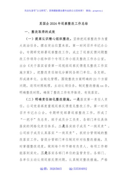 某国企2024年巡察整改工作总结