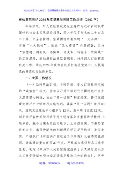 市检察院党组2024年度抓基层党建工作总结（2103字）