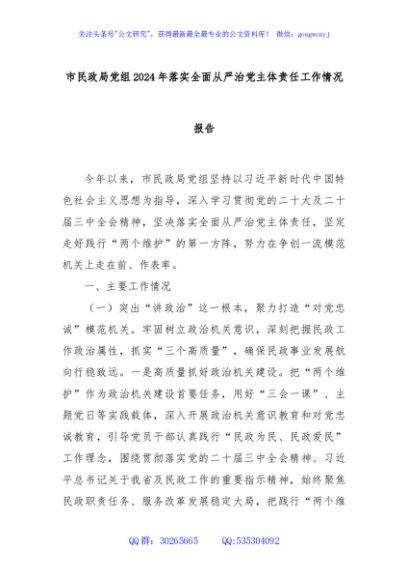 市民政局党组2024年落实全面从严治党主体责任工作情况报告