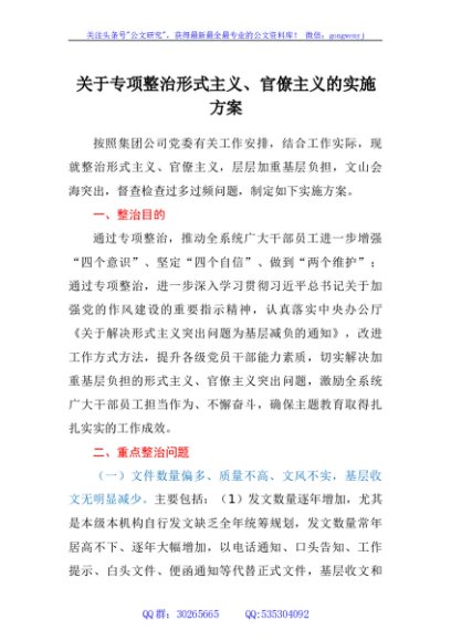 关于专项整治形式主义、官僚主义的实施方案