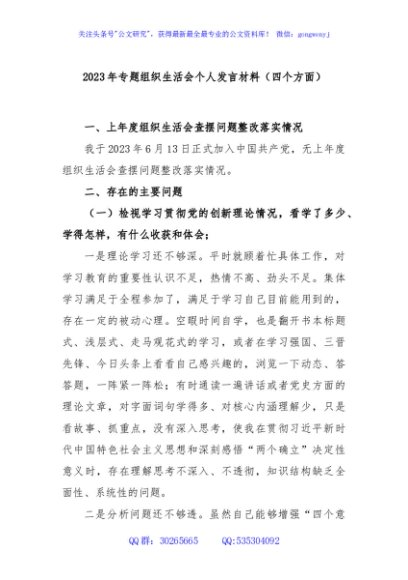 2023年专题组织生活会个人发言材料（四个方面）