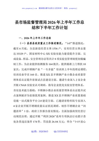 县市场监督管理局2026年上半年工作总结和下半年工作计划